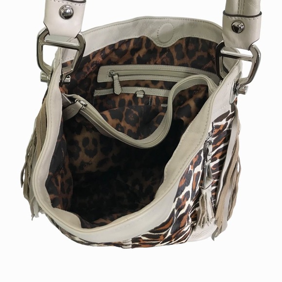 B Makowsky Women's Handbag Purse Tote Bag Boho Cream Brown Tan Leather Fringe M - Picture 2 of 8